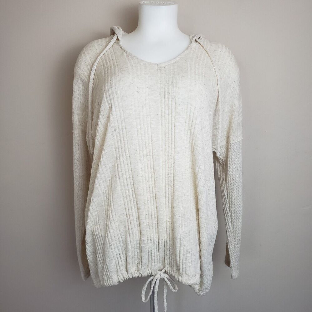 Sunday Womens Linen Blend Knit Ivory‎ Heathered Hoodie Lounge Drawstring Waist M